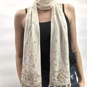 Beaded Cream and White silk fringe Scarf